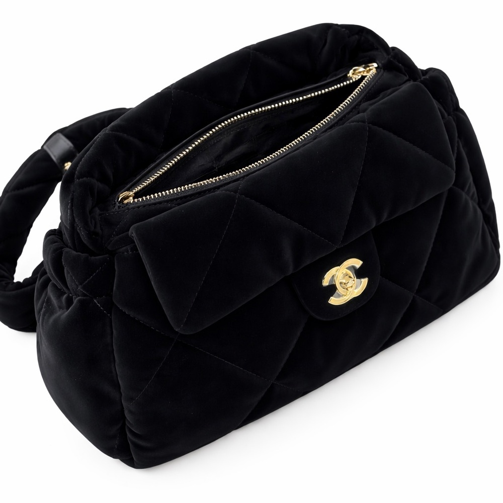 Chanel Black Velvet Quilted Shoulder Bag